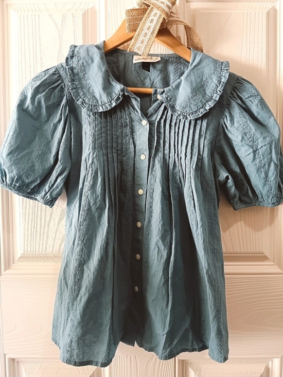 Universal Thread Tops - Universal Thread Dusty Blue Peter Pan Collar Puff Sleeve Pintuck Button Up Top